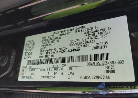 2021 Ford F-150 Lariat z USA, uszkodzony, nr VIN 1FTEW1EPXMKD34949